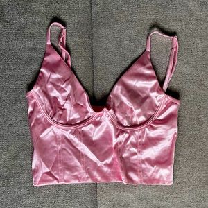 Pink corset spaghetti strap crop top. Satin material